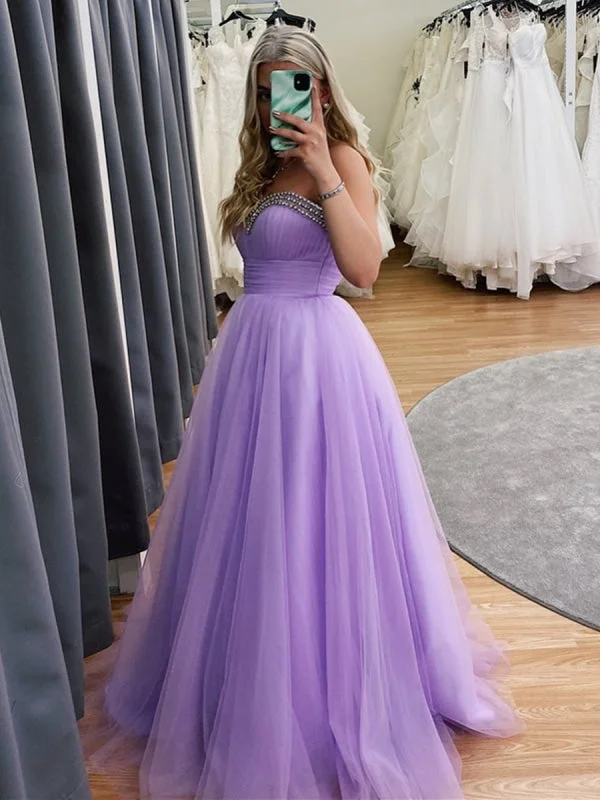 evening dress for black-tie events-Sweetheart Neck Beaded Long Purple Prom, Lavender Formal, Lilace Evening