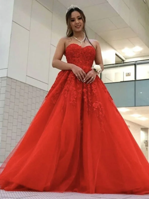 vintage lace evening dress-Sweetheart Neck Beaded Red Lace Long Prom Dresses, Strapless Red Formal Evening Dresses, Red Lace Ball Gown