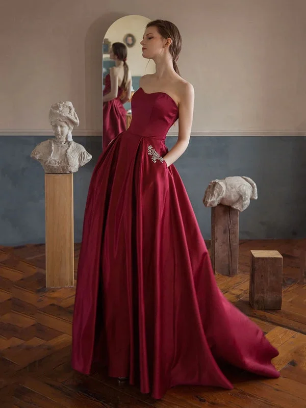 elegant satin evening dress-Sweetheart Neck Burgundy Satin Long Prom Dresses with Pocket, Long Burgundy Formal Graduation Evening Dresses