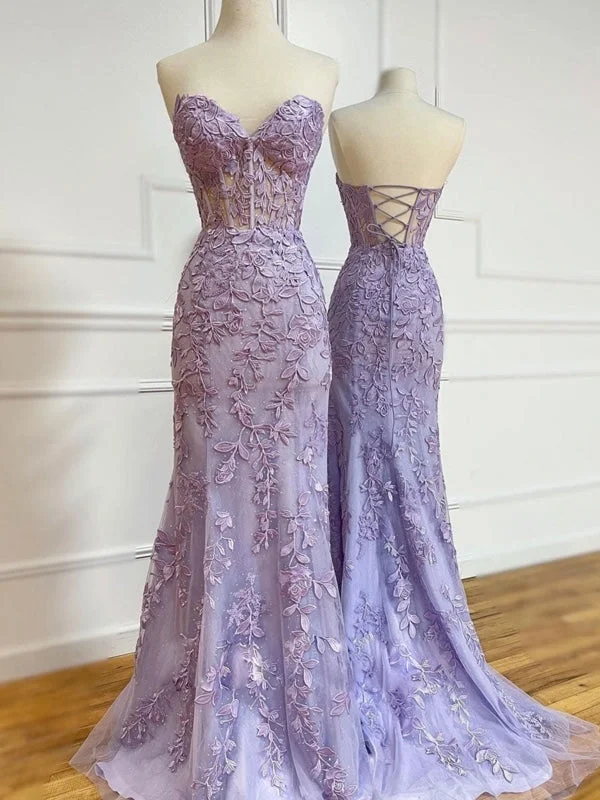 evening gown with sheer overlay-Sweetheart Neck Mermaid Purple Lace Long Prom Dresses, Purple Lace Formal Dresses, Mermaid Purple Evening Dresses