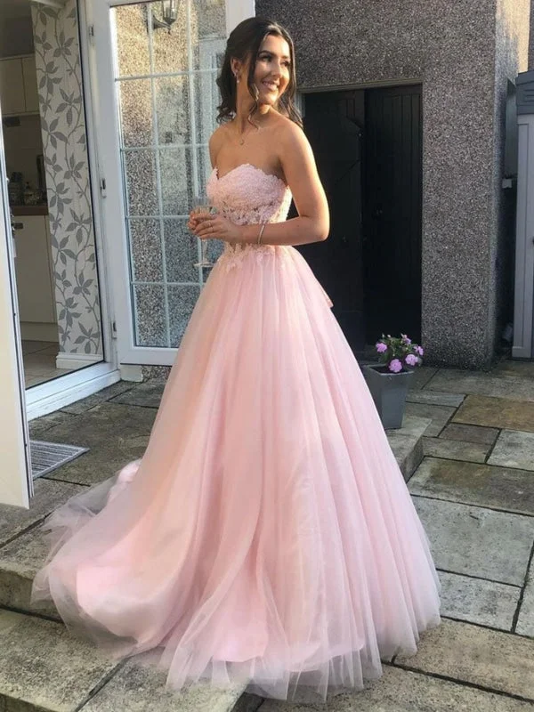 evening dress with sequins-Sweetheart Neck Open Back Pink Lace Long Prom Dresses, Pink Lace Formal Dresses, Pink Evening Dresses