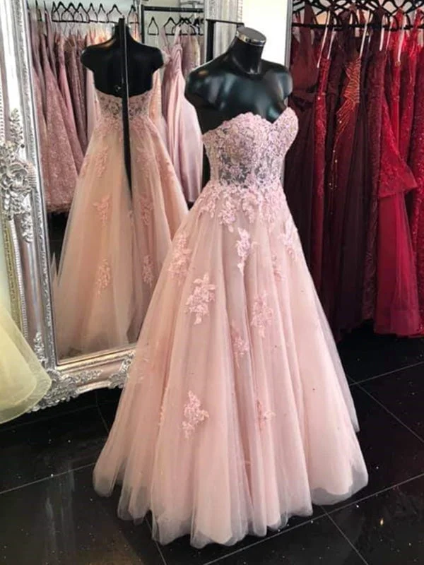 evening gown with beads-Sweetheart Neck Open Back Pink Lace Long Prom Dresses, Strapless Pink Lace Formal Dresses, Pink Lace Evening Dresses