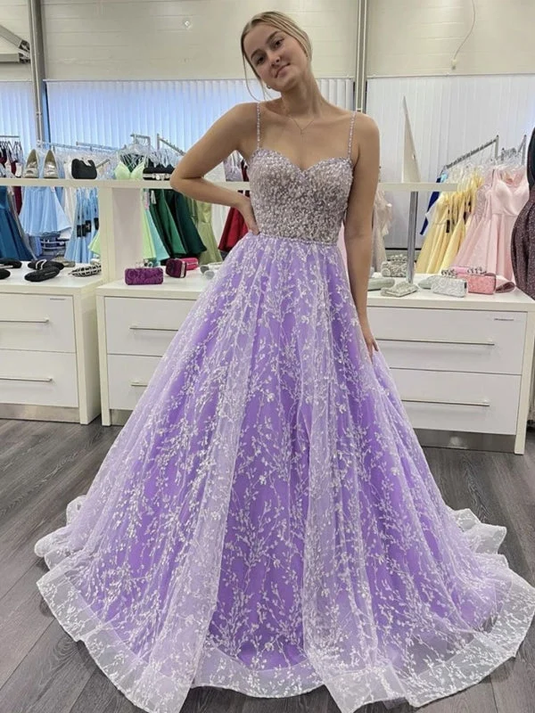 evening dress with crystals-Sweetheart Neck Open Back Purple Lace Long Prom Dresses, Purple Lace Formal Dresses, Purple Evening Dresses