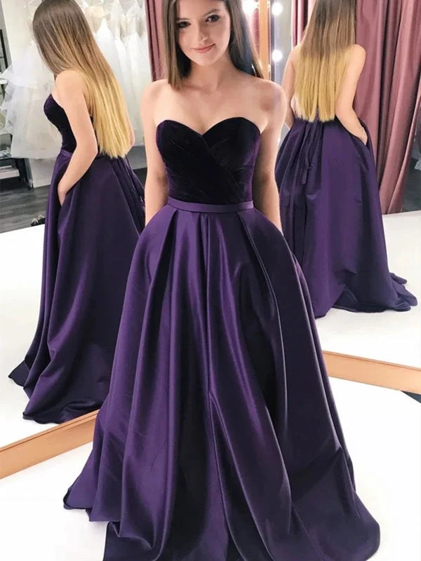 elegant evening dress with sleeves-Sweetheart Neck Purple Satin Long Prom Dresses with Velvet Top, Long Purple Formal Graduation Evening Dresses