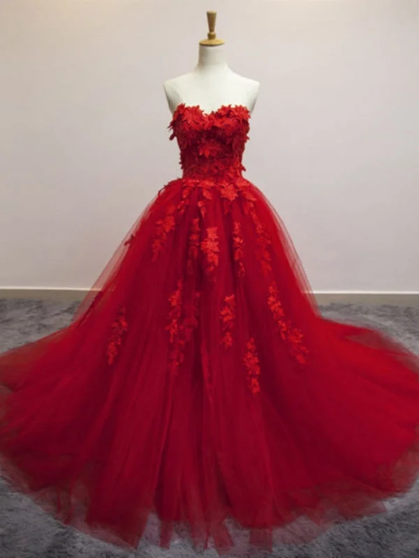 formal red evening dress-Sweetheart Neck Red Lace Appliques Long Prom, Red Lace Formal, Red Evening