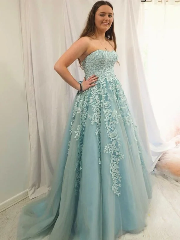 lace evening dress-Sweetheart Neck Strapless Blue Lace Long Prom, Ice Blue Lace Formal Graduation Evening