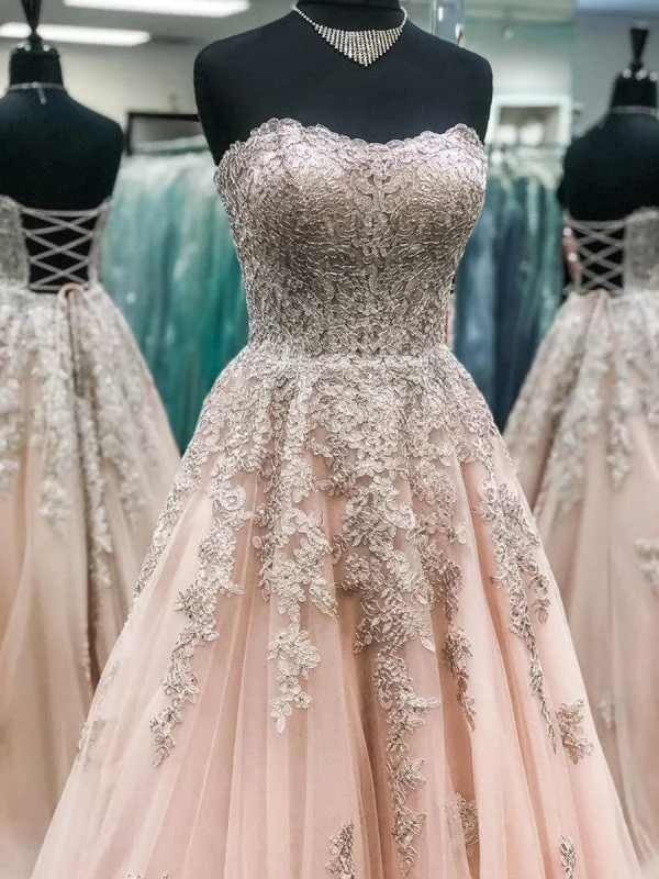 evening gown with pleated skirt-Sweetheart Neck Strapless Champagne Lace Long Prom, Champagne Lace Formal, Champagne Evening