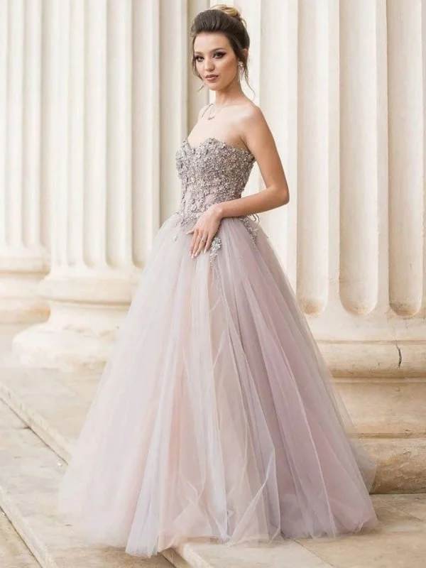 evening dress with sequins-Sweetheart Neck Strapless Grey Lace Long Prom, Grey Lace Formal, Grey Evening