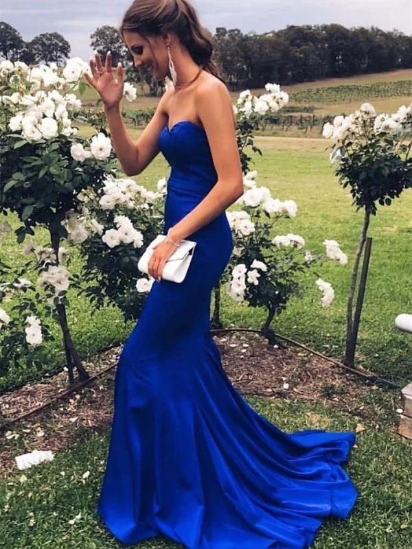 satin evening dress-Sweetheart Neck Strapless Mermaid Royal Blue Long Prom, Strapless Mermaid Royal Blue Formal, Royal Blue Mermaid Evening