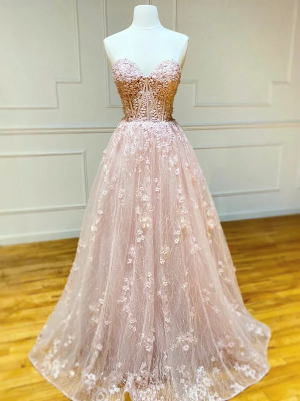 off shoulder evening dress-Sweetheart Neck Strapless Pink Floral Long Prom, Long Pink Floral Formal Evening