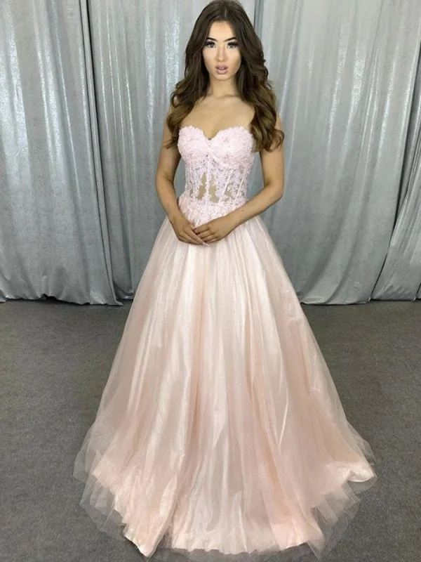 elegant evening attire-Sweetheart Neck Strapless Pink Lace Long Prom, Pink Lace Formal, Pink Evening