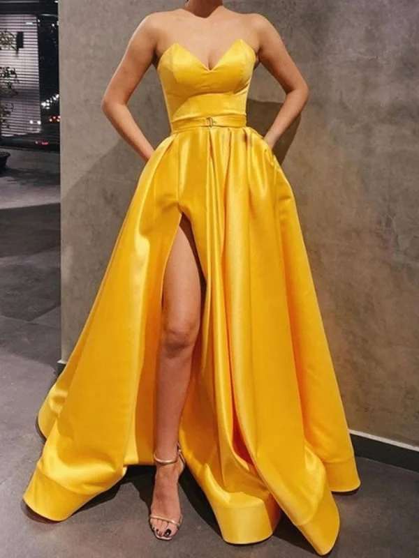 satin evening dress-Sweetheart Neck Strapless Yellow Satin Long Prom, Yellow Satin Long Formal Graduation Evening