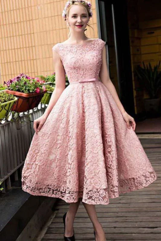 bodycon evening gown-Tea Length Pink Cap Sleeves Party with Bowknot A Line Homecoming Dress