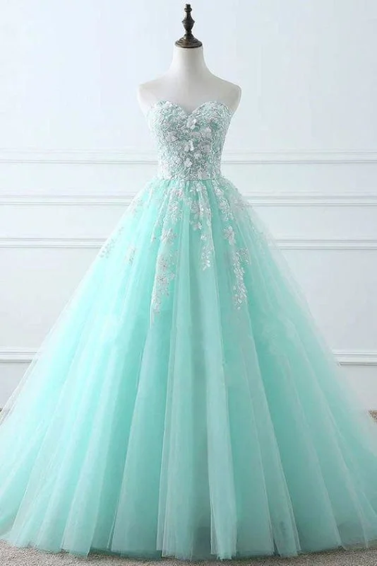 elegant peplum evening gown-Tiffany Blue Sweetheart Puffy Tulle Prom with Lace Appliques Long Graduation Dress