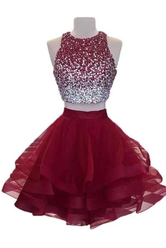 off-the-shoulder evening gown-Two Piece Burgundy Homecoming with Open Back Sequined Short Prom Dress