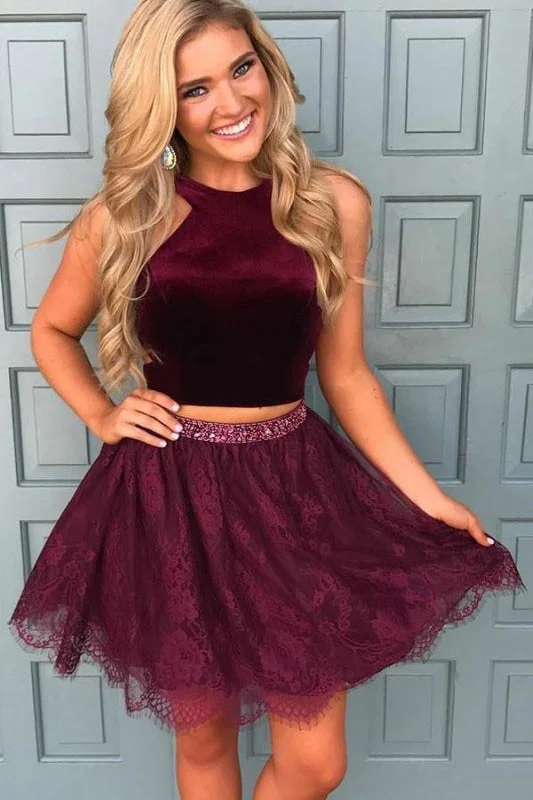 sleeveless evening gown-Two Piece Crew Short Burgundy Sleeveless Lace Homecoming Dress with Beading