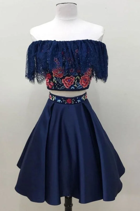 elegant evening dress-Two Piece Dark Blue Off the Shoulder Satin Homecoming Unique Party Dress with Lace