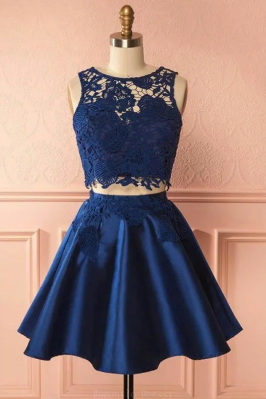 beaded evening dress-Two Piece Dark Blue Sleeveless Satin Short Homecoming Dress with Lace Appliques