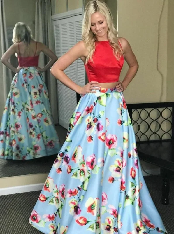 evening dress with blouson top-Two Piece Floral Prom Dresses Long Print