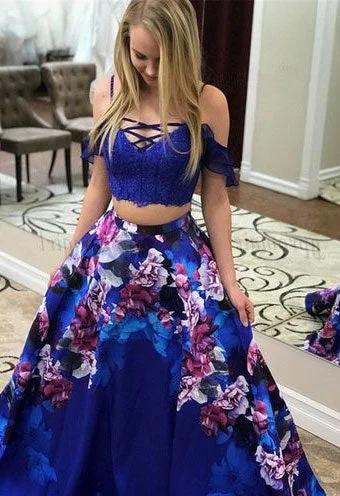 empire waist evening gown-Two Piece Print Long Prom Dresses Off the Shoulder