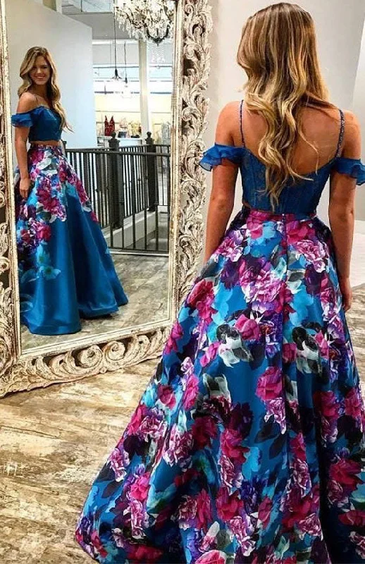 evening gown with high-low hem-Two Piece Print Spaghetti Straps Prom Dresses