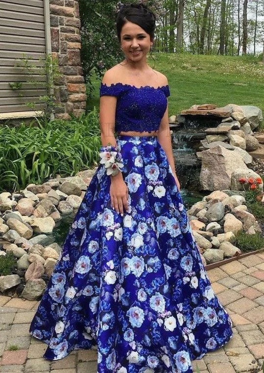 flared evening dress-Two Piece Royal Blue Floral Prom Dresses Off the Shoulder