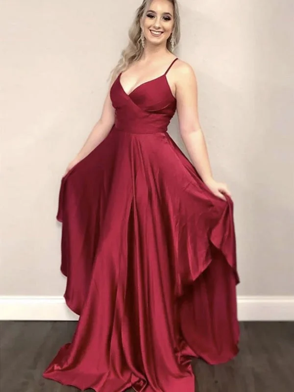 ball gown evening dress-Unique A Line V Neck Burgundy Long Prom, V Neck Burgundy Formal Graduation Evening