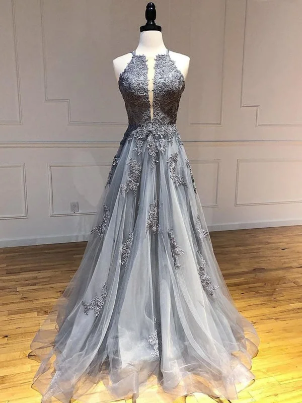 evening gown for special occasions-Unique Backless Lace Appliques Gray Long Prom, Backless Gray Lace Formal, Lace Gray Evening