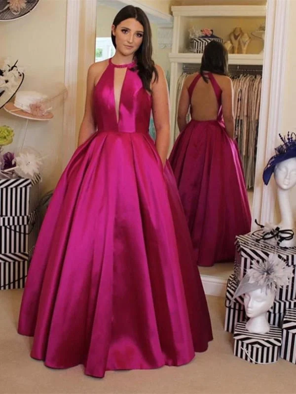 elegant velvet evening dress-Unique Halter V Neck Backless Magenta Prom with Pocket, Backless Magenta Formal, Sexy Magenta Evening