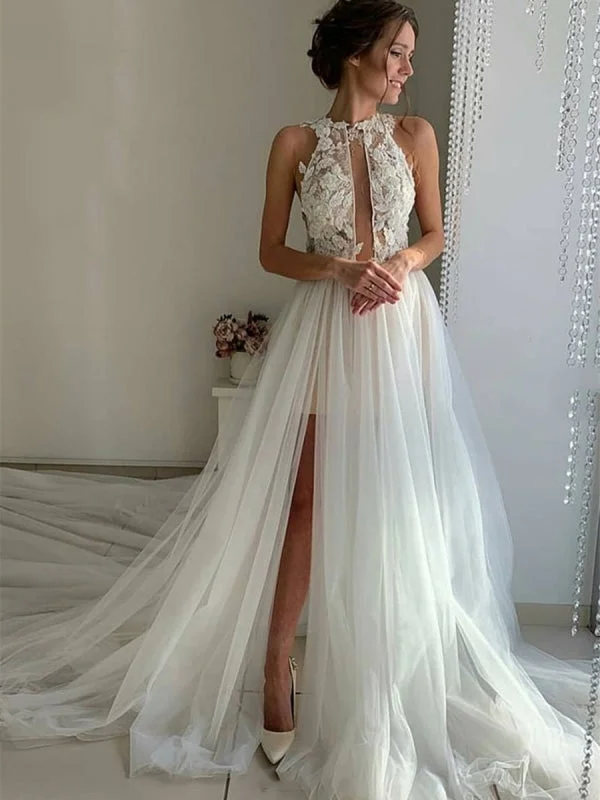 elegant satin evening dress-Unique High Neck Lace White Tulle Long Prom Wedding with High Split, White Lace Formal Evening