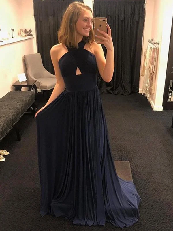 tulle evening gown-Unique Navy Blue Long Prom Dresses, Navy Blue Formal Graduation Evening Dresses