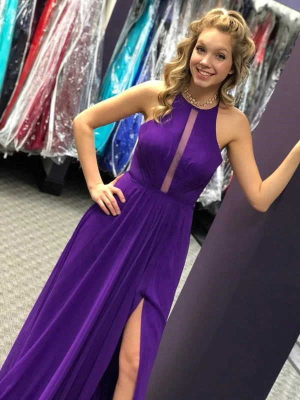 high neck formal evening gown-Unique Open Back Purple Chiffon Long Prom Dresses with High Slit, Long Purple Formal Graduation Evening Dresses