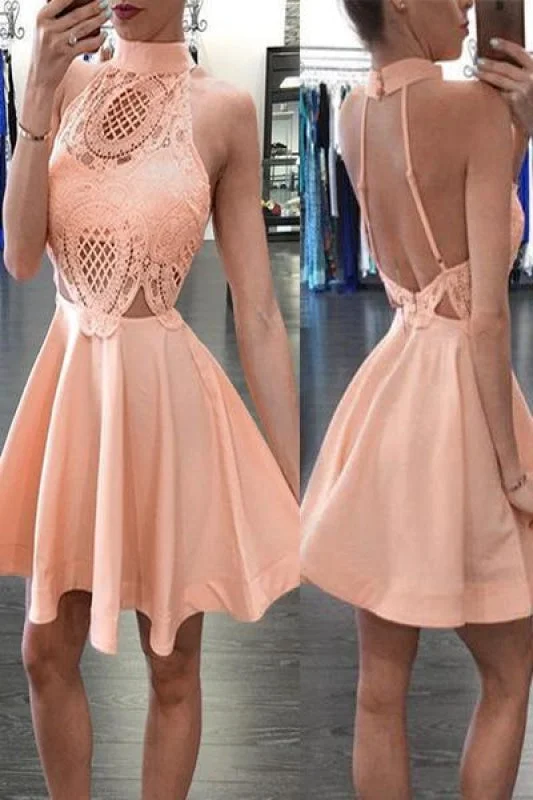 asymmetrical evening gown-Unique Style Peach High Neck Sleeveless Backless Homecoming Cheap Prom Dress