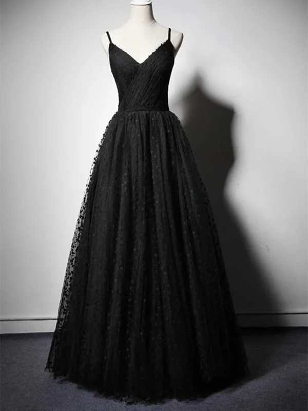 sheer sleeve evening gown-Unique V Neck Black Spotted Long Prom, V Neck Black Formal Graduation Evening