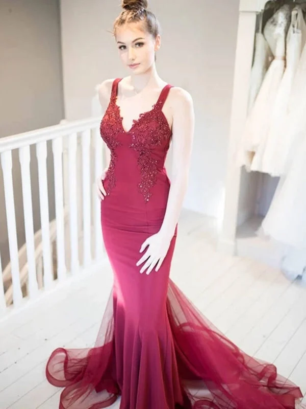 evening gown with high-low hem-Unique V Neck Mermaid Beaded Lace Burgundy Long Prom, Mermaid Lace Burgundy Formal Graduation Evening