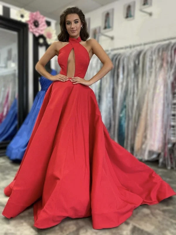 velvet evening gown-Unique V Neck Red Satin Long Prom Dresses, Long Red Formal Graduation Evening Dresses