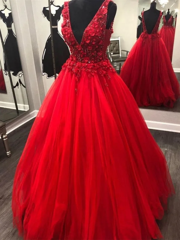 sparkly evening gown-V Neck and V Back Beading Red Lace Floral Long Prom, Open Back Red Formal, Gorgeous Red Evening