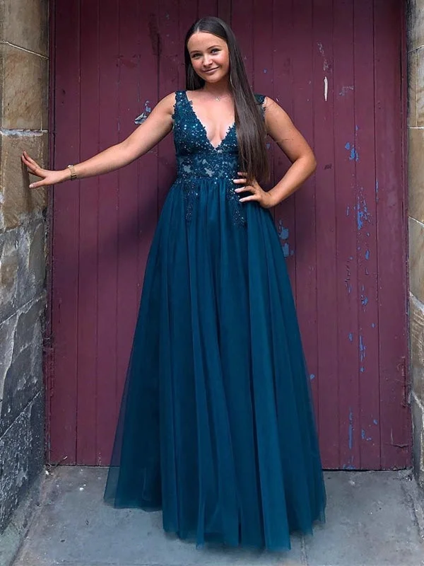 floral print evening gown-V Neck and V Back Blue Lace Beaded Long Prom, Long Blue Lace Formal Evening