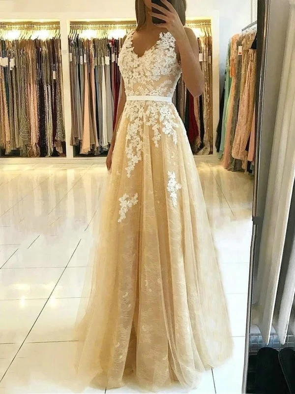 sophisticated evening dress-V Neck and V Back Champagne Lace Long Prom Dresses, Champagne Lace Formal Graduation Evening Dresses