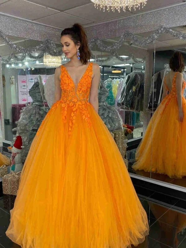 evening dress with cape-V Neck and V Back Orange Lace Long Prom, Orange Lace Formal Evening