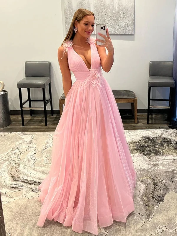 evening dress with crystals-V Neck and V Back Pink Tulle Long Prom Dresses, V Neck Pink Formal Graduation Evening Dresses