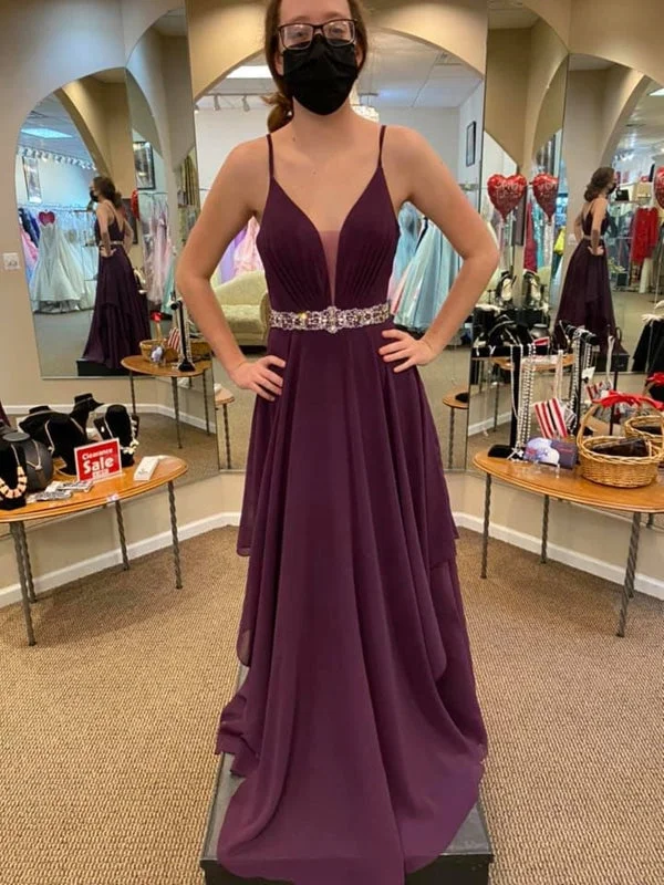 elegant evening wear-V Neck and V Back Purple Chiffon Long Prom Dresses with Belt, V Neck Purple Formal Graduation Evening Dresses