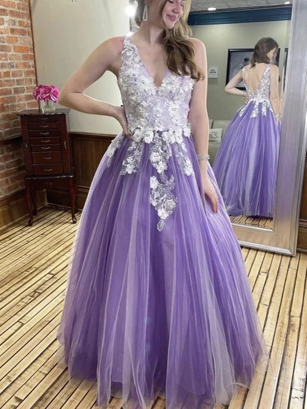 elegant evening dress with sleeves-V Neck and V Back Purple Lace Floral Prom, 3D Flower Purple Long Formal Evening