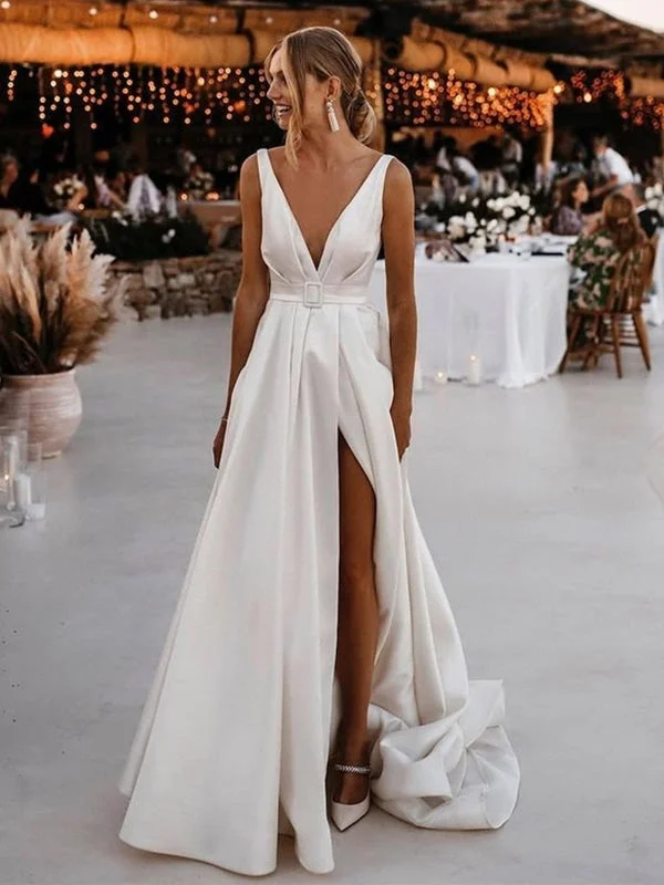 scalloped hem evening gown-V Neck and V Back White Satin Long Prom with High Slit, Open Back White Wedding, White Formal Evening