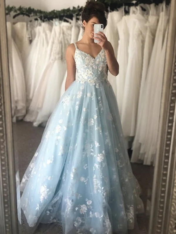 elegant ball gown evening dress-V Neck Appliques Light Blue Lace Long Prom, Light Blue Lace Formal, Blue Evening