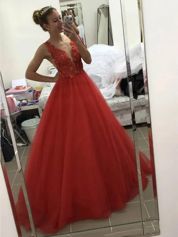 metallic evening gown-V Neck Backless Appliques Top Red Lace Long Prom, Backless Red Lace Formal, Red Lace Evening