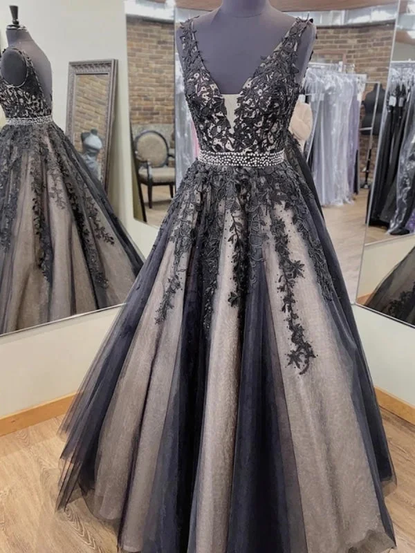 evening dress with plunging neckline-V Neck Backless Black Lace Long Prom, Backless Black Formal, Black Lace Evening