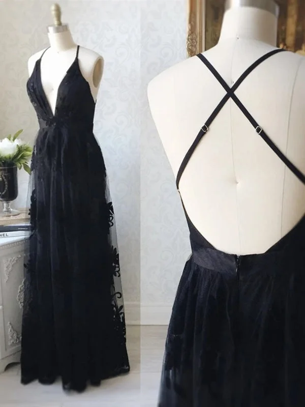 vintage lace evening dress-V Neck Backless Black Lace Long Prom, Backless Black Formal, Black Lace Evening