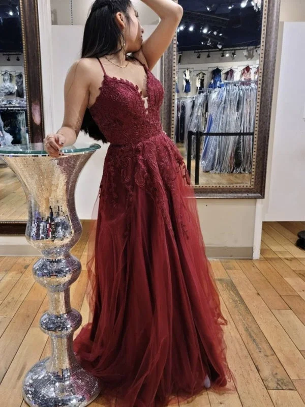 elegant evening dress with sleeves-V Neck Backless Burgundy Lace Long Prom, Long Wine Red Lace Formal Evening