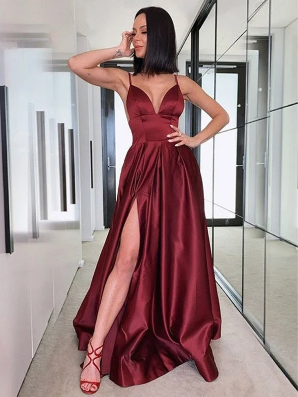 evening dress with shawl-V Neck Backless Burgundy Satin Long Prom Dresses with High Slit, Backless Burgundy Formal Dresses, Burgundy Evening Dresses